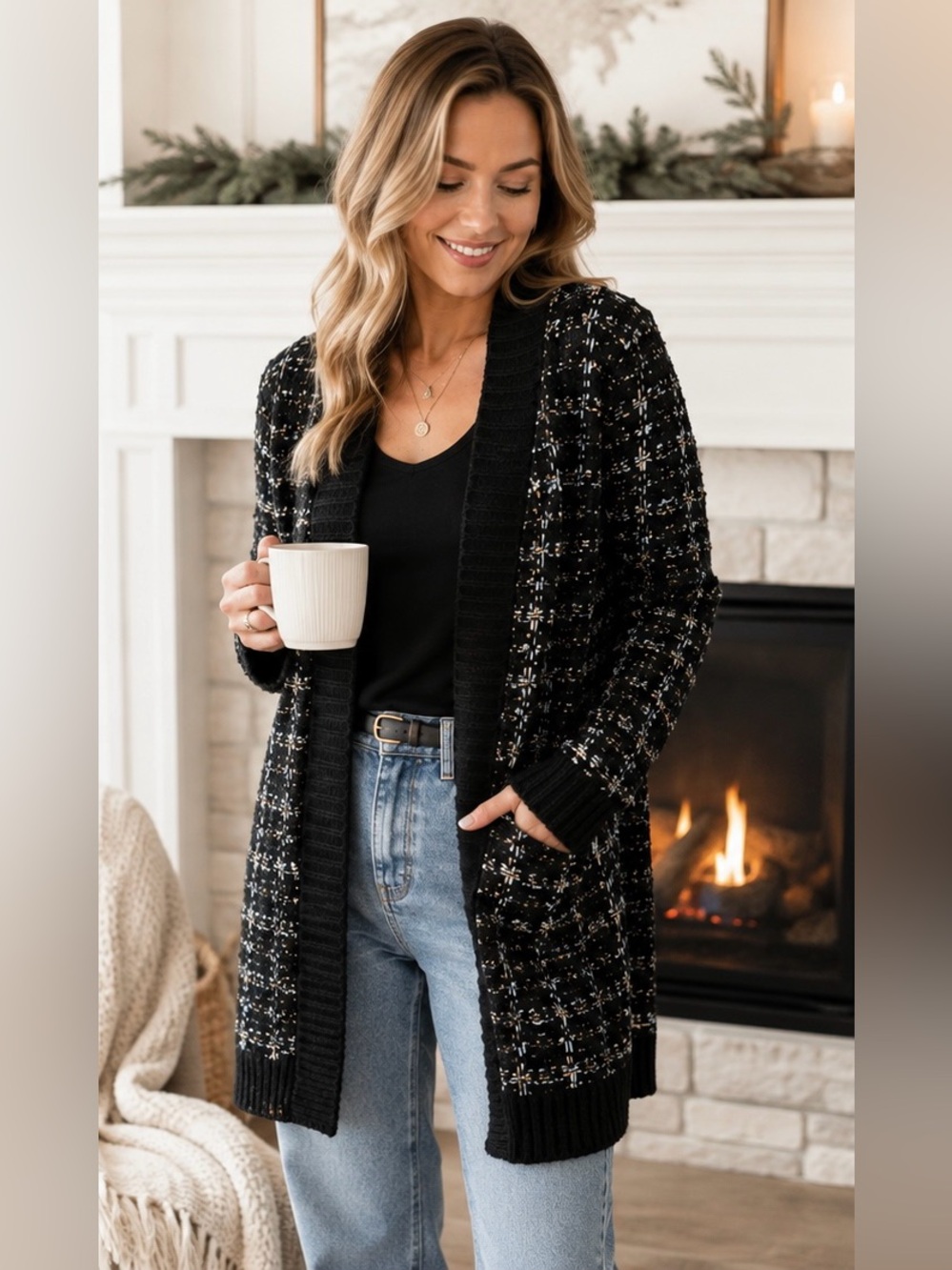 Nordstrom Blu Pepper Black Tweed Confetti Knit Longline Cardigan Texture Sweater